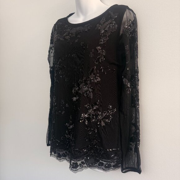 White House Black Market Black Sequin Mesh Blouse | Size S | NWT - Picture 4 of 10